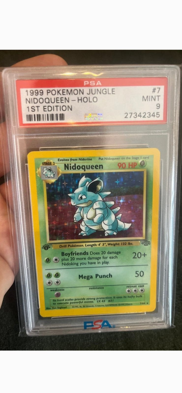 Nidoqueen Holo 1st Edition PSA 9 MINT 1999 Pokémon Jungle, Ophalen, Zo goed als nieuw, Losse kaart, Foil