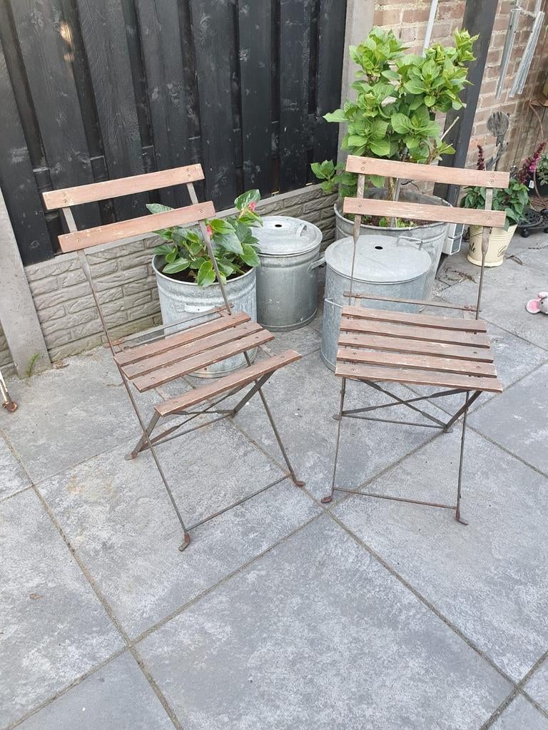 Set van 2 vintage bistrostoeltjes - inklapbaar, Tuin en Terras, Tuinstoelen, Ophalen, Gebruikt, Hout, Inklapbaar