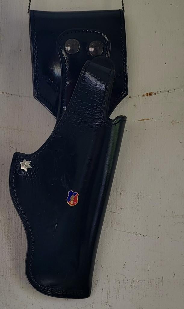 Zwart leren holster met emblemen, Ophalen of Verzenden, Zo goed als nieuw