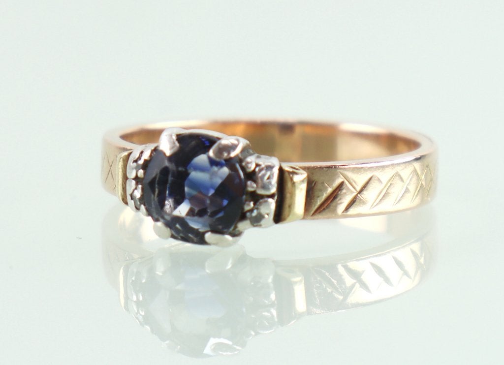 Antieke gouden ring met gestreepte saffier diamant, Ophalen of Verzenden, Goud, Ring, Met edelsteen