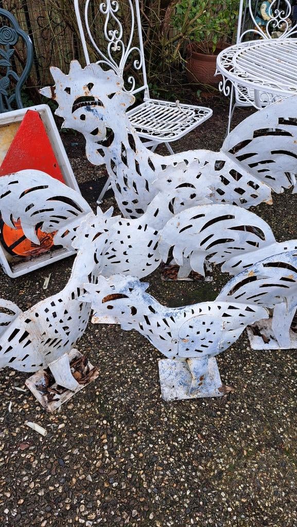 Set van 6 metalen hanen tuindecoratie, Tuin en Terras, Tuinbeelden, Ophalen, Gebruikt, Metaal, Dierenbeeld