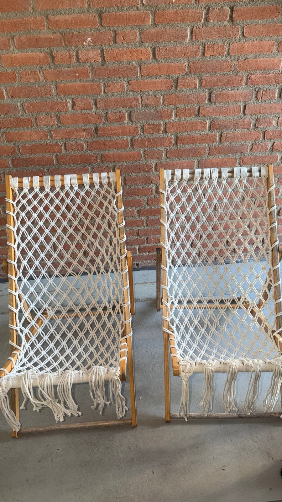 Opvouwbare ligstoelen in boho-stijl met macramé zitting, Ophalen, Gebruikt, Hout, Inklapbaar