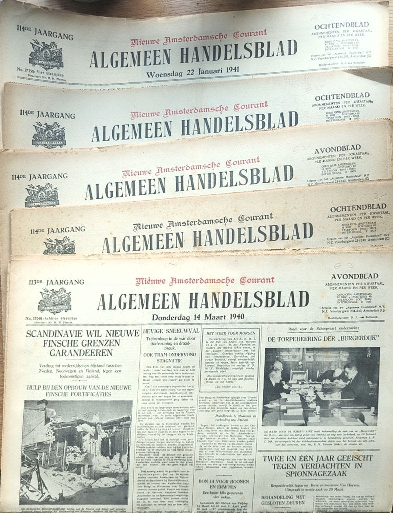 Lot of 5 vintage Algemeen Handelsblad 1940-1941 Tweede Werel, Ophalen of Verzenden