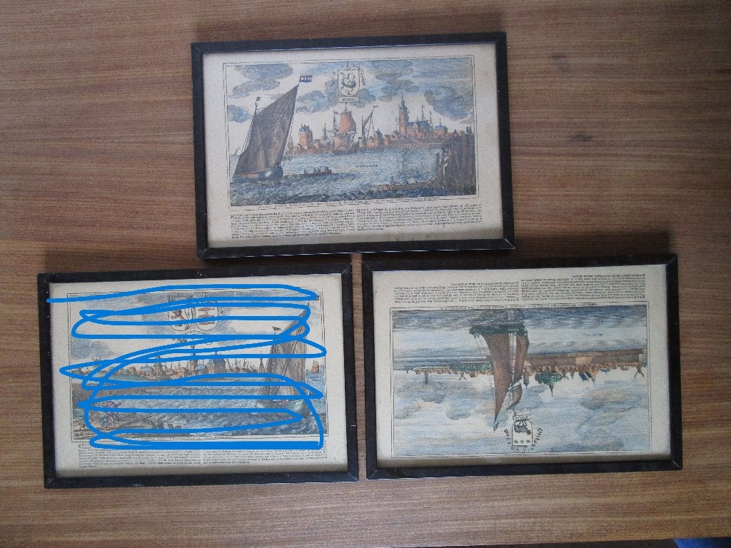 Nr.241: Antieke schilderijen 2 stuks Hoorn en Edam, Ophalen of Verzenden, Klassiek, Achter glas, Landschap