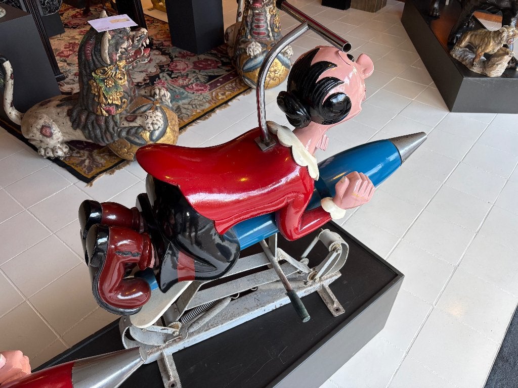 Vintage kermisattractie-figuren –Popeye & Olive Oyl op raket, Ophalen, Overige onderwerpen, Houtsnijwerk, Handgemaakt