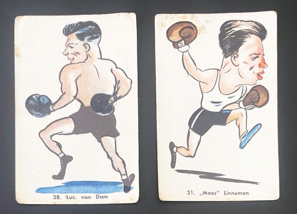 BOKSEN historie - van Dam & Linneman - 2 kaartjes - 1950, Verzenden, Gebruikt, Overige sporten, Poster, Plaatje of Sticker