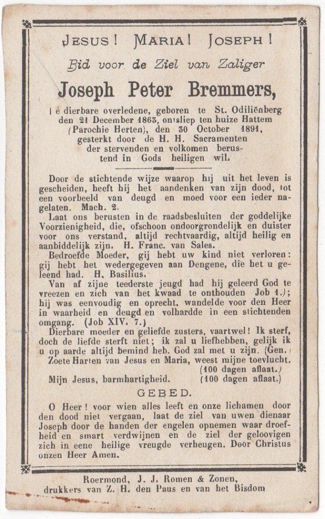 Joseph P. Bremmers 1865 St. Odiliënberg + 1891 Herten, 25 jr, Verzenden