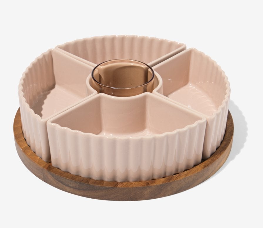 Tapas vakkenschaal met houten dienblad en glazen potje, Ophalen, Schaal, Rond, Nieuw