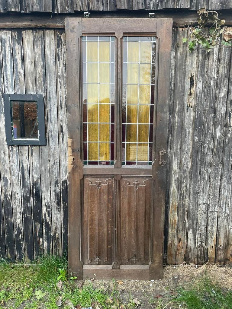 Antieke houten deur met glas-in-lood - biechtstoeldeur, Ophalen