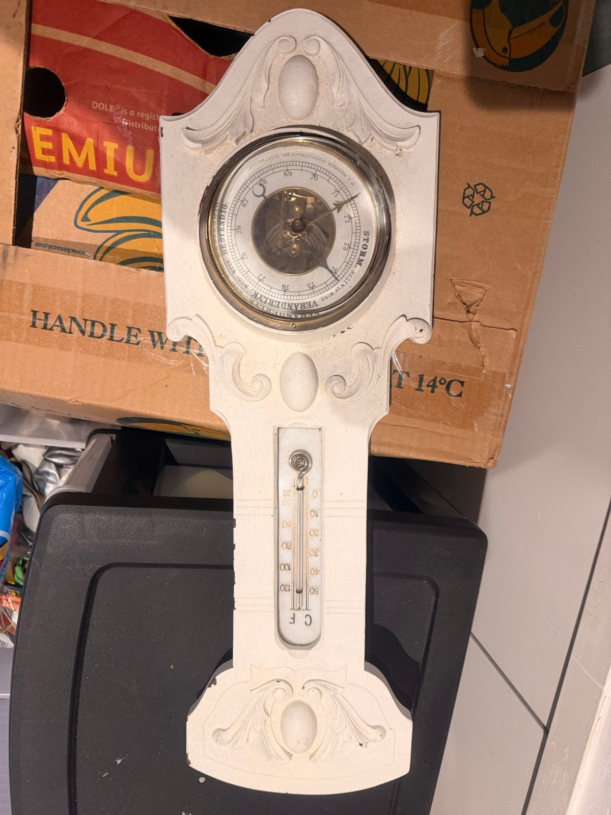 Antieke Barometer en Thermometer - Wit Hout, Ophalen of Verzenden, Gebruikt, Weerstation