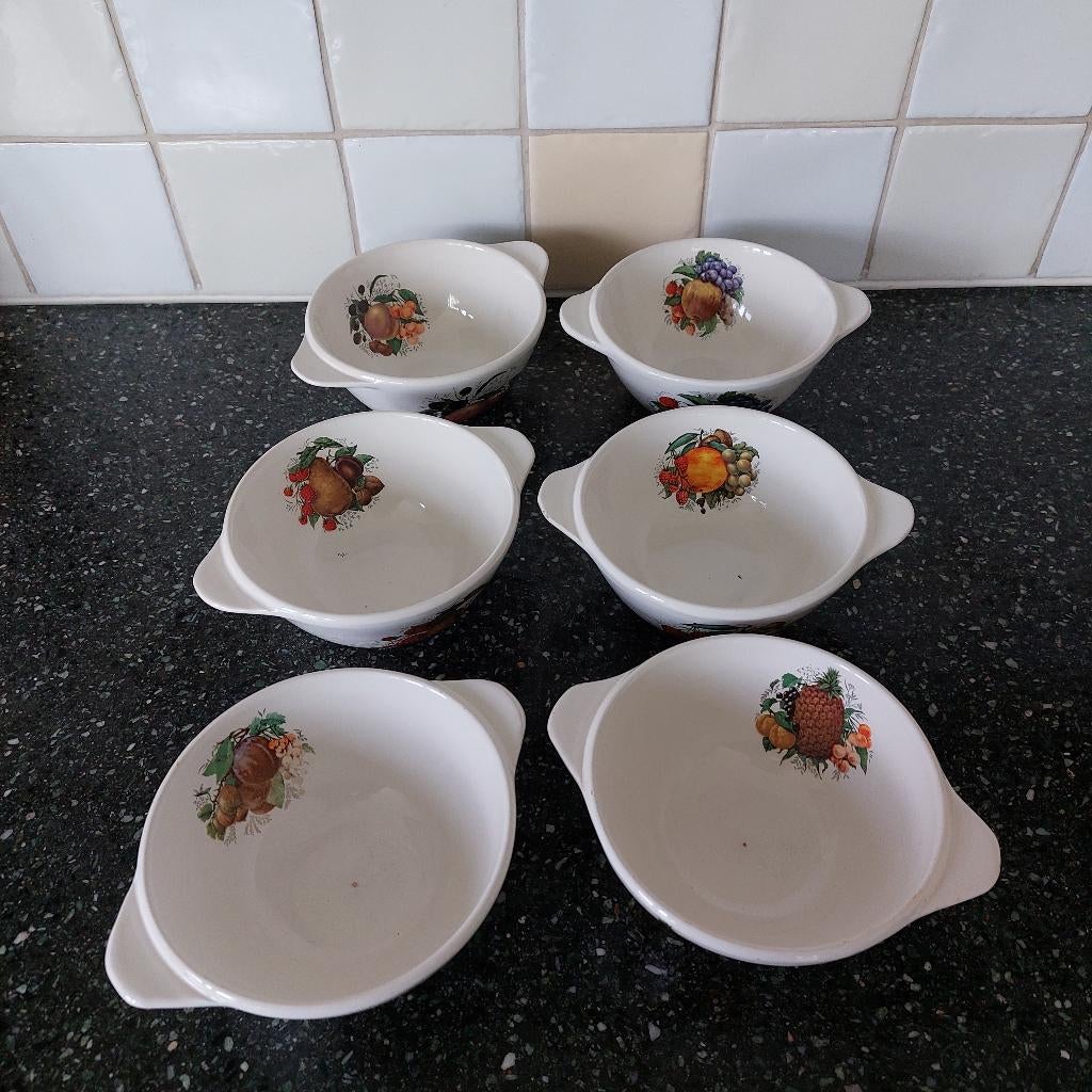 Soepkommen met fruitafbeelding - 6 stuks, Ophalen of Verzenden, Aardewerk, Overige stijlen, Kom(men)