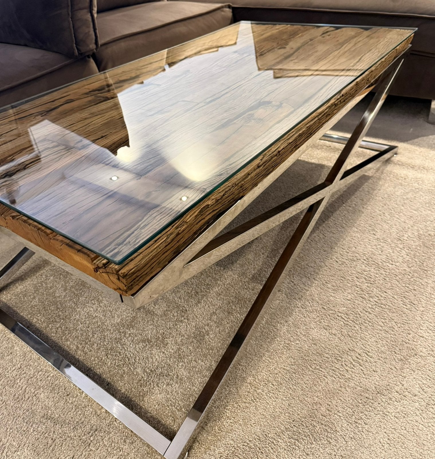 Salontafel + eettafel en 4 velvet taupe stoelen, Ophalen, 50 tot 100 cm, Zo goed als nieuw, Overige houtsoorten