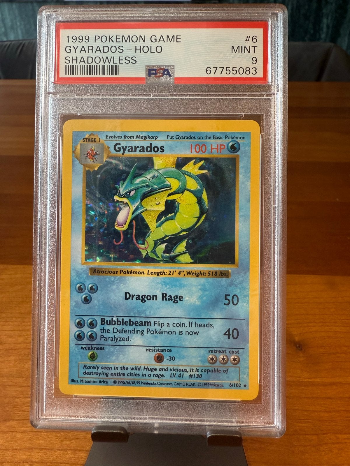 Gyarados (Shadowless) #6 - Base Set (1999) - PSA 9, Ophalen of Verzenden, Zo goed als nieuw, Losse kaart, Foil