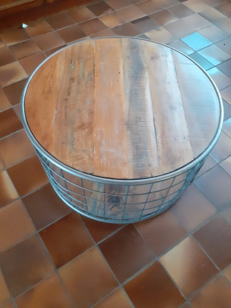 Salontafel industrieel rond mangohouten blad rvs onderstel, Huis en Inrichting, Tafels | Salontafels, Ophalen, Gebruikt, 100 tot 150 cm