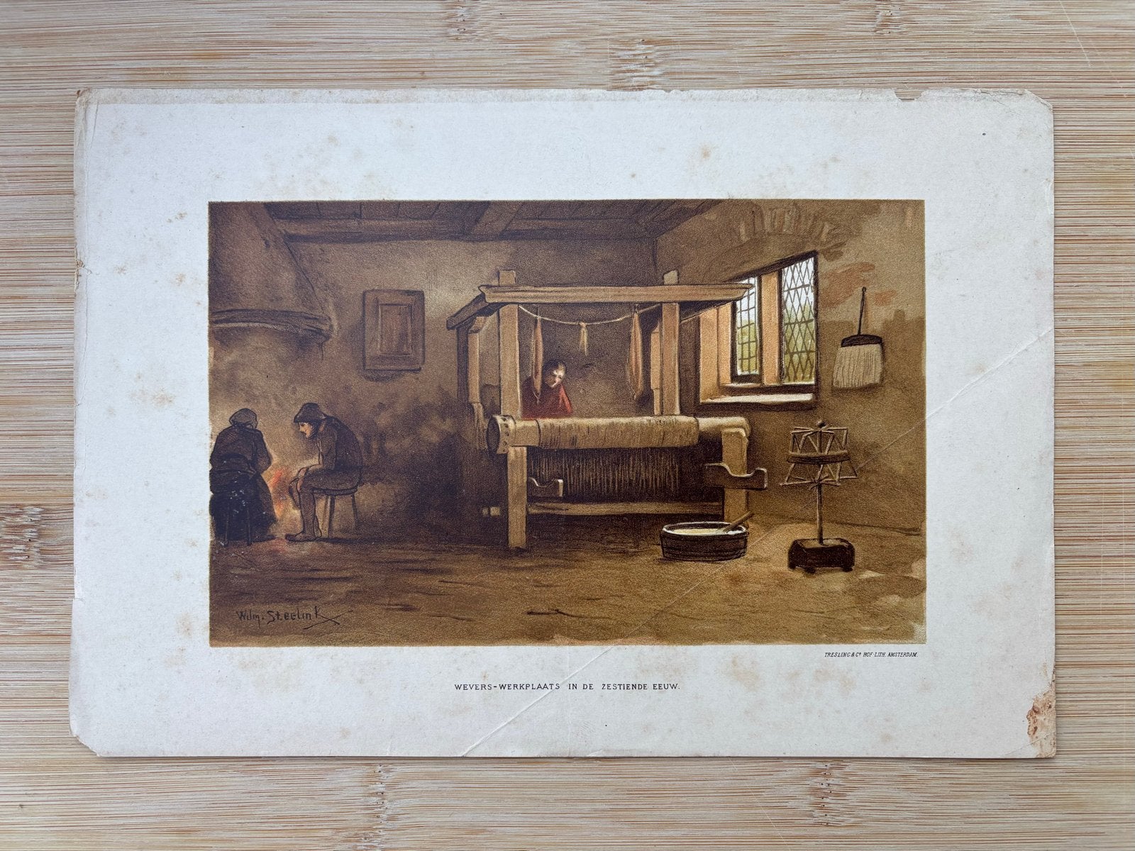 Antieke prent: Wevers-werkplaats in de zestiende eeuw, Antiek en Kunst, Kunst | Schilderijen | Klassiek, Ophalen of Verzenden