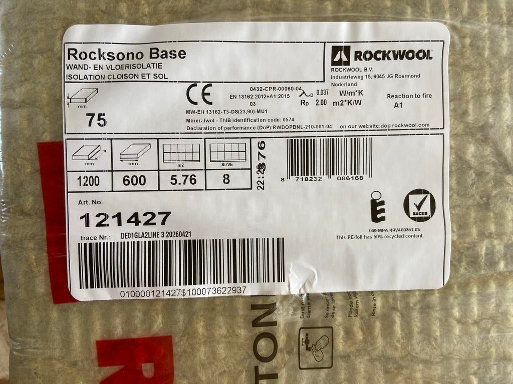 Rockwool 1200x600x75, Ophalen, 4 tot 8 cm, Steenwol, Zo goed als nieuw