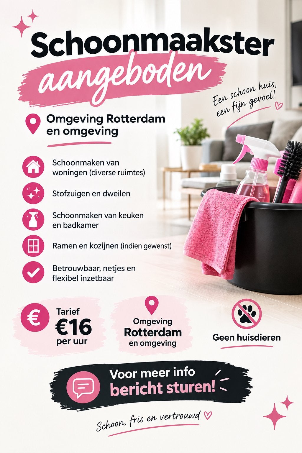 Schoonmaakster aangeboden (Rotterdam&Omgeving), 25 - 32 uur, Overige niveaus, Vanaf 5 jaar, Geschikt als bijbaan