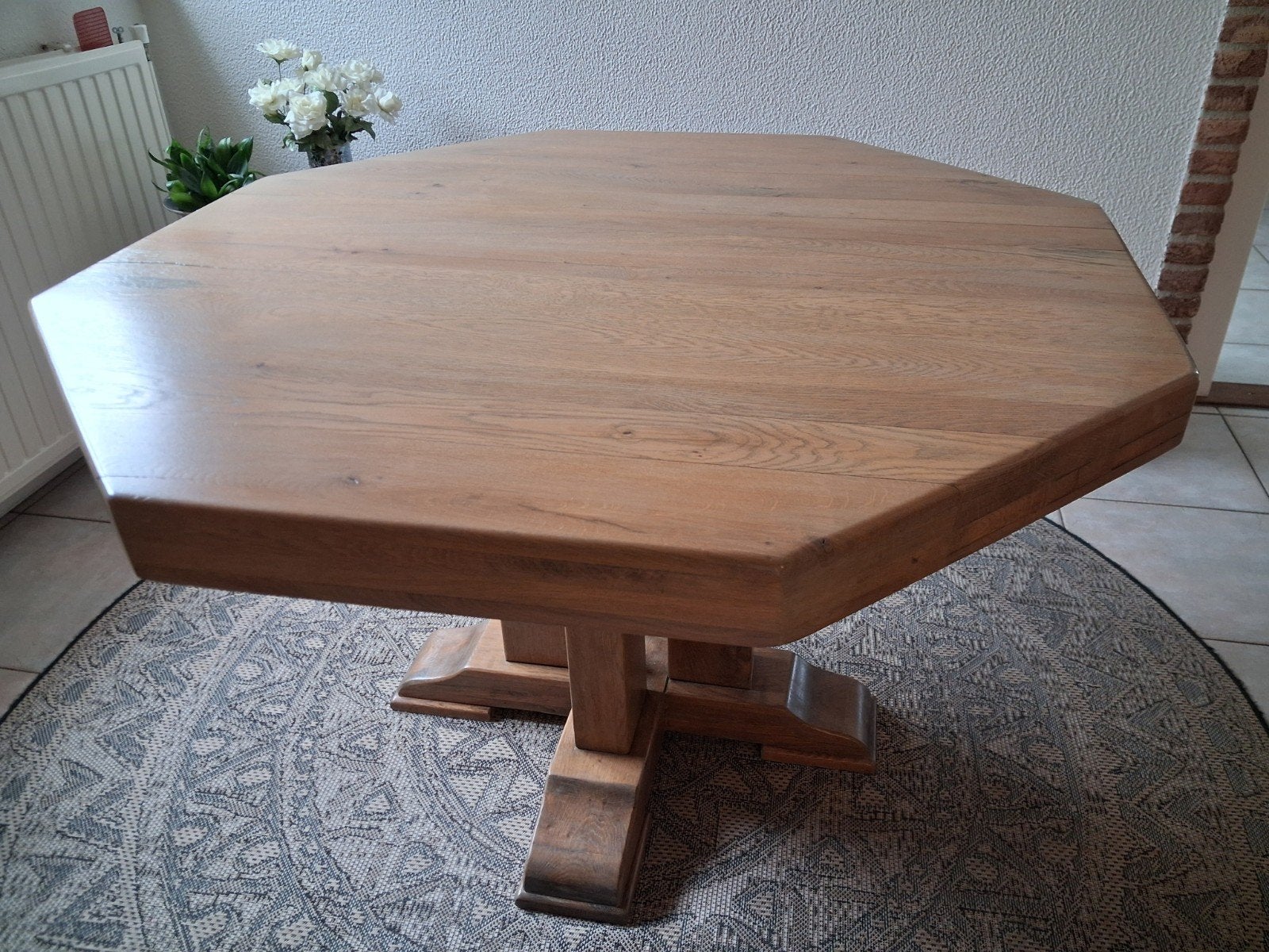 Licht eiken eettafel. 8 hoekig., Ophalen, Gebruikt, 100 tot 150 cm, 50 tot 100 cm