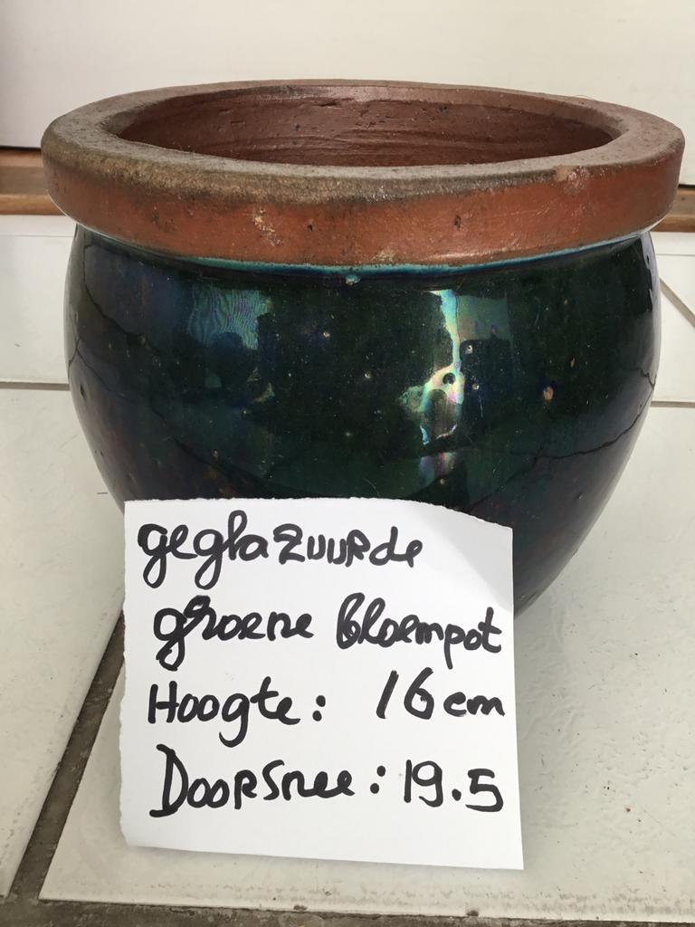 Mooie Gelazerde groene bloempot, Tuin en Terras, Bloempotten, Rond, Ophalen of Verzenden, Zo goed als nieuw, Aardewerk