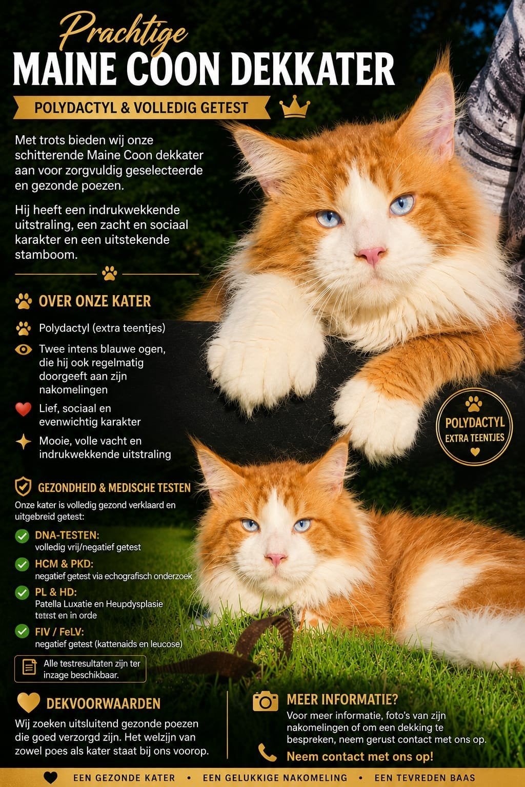 Maine coon dekkater met stamboom,blauw oog,polydactyl,GETEST, Dieren en Toebehoren, 0 tot 2 jaar