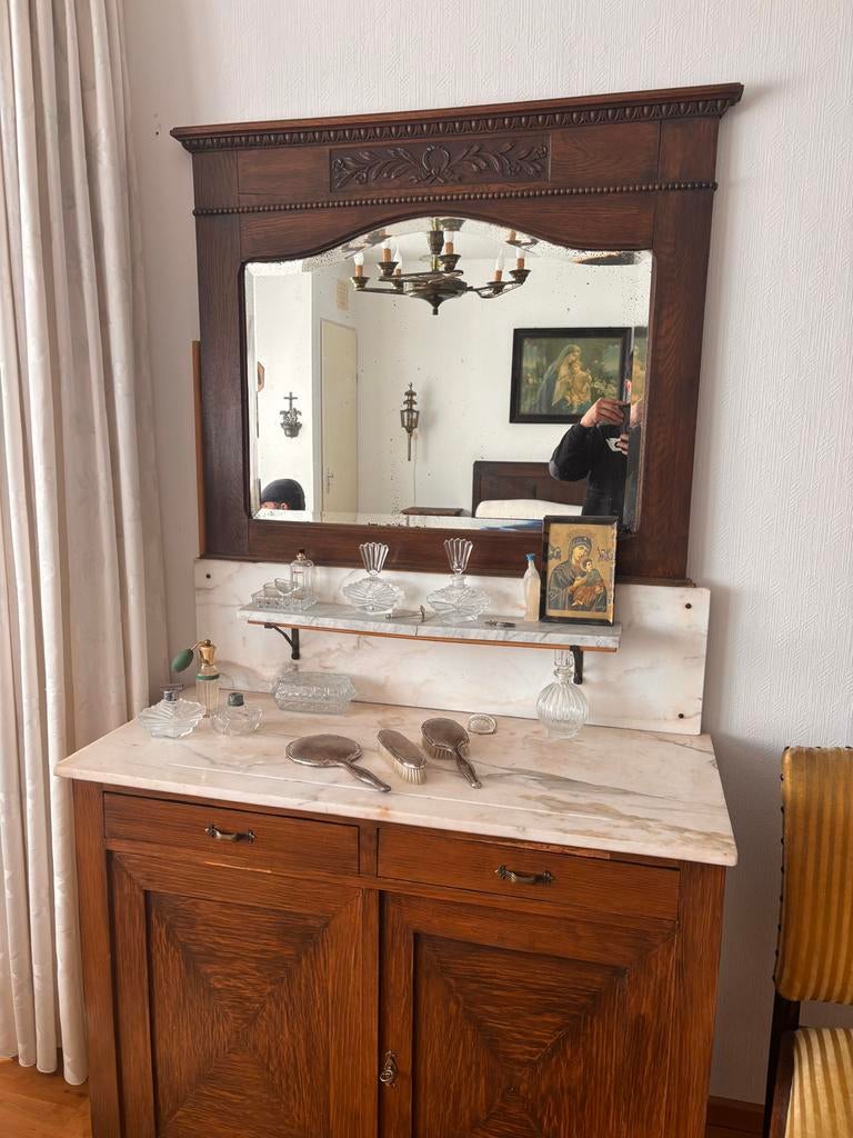 Antieke commode met spiegel en marmeren blad, Ophalen of Verzenden