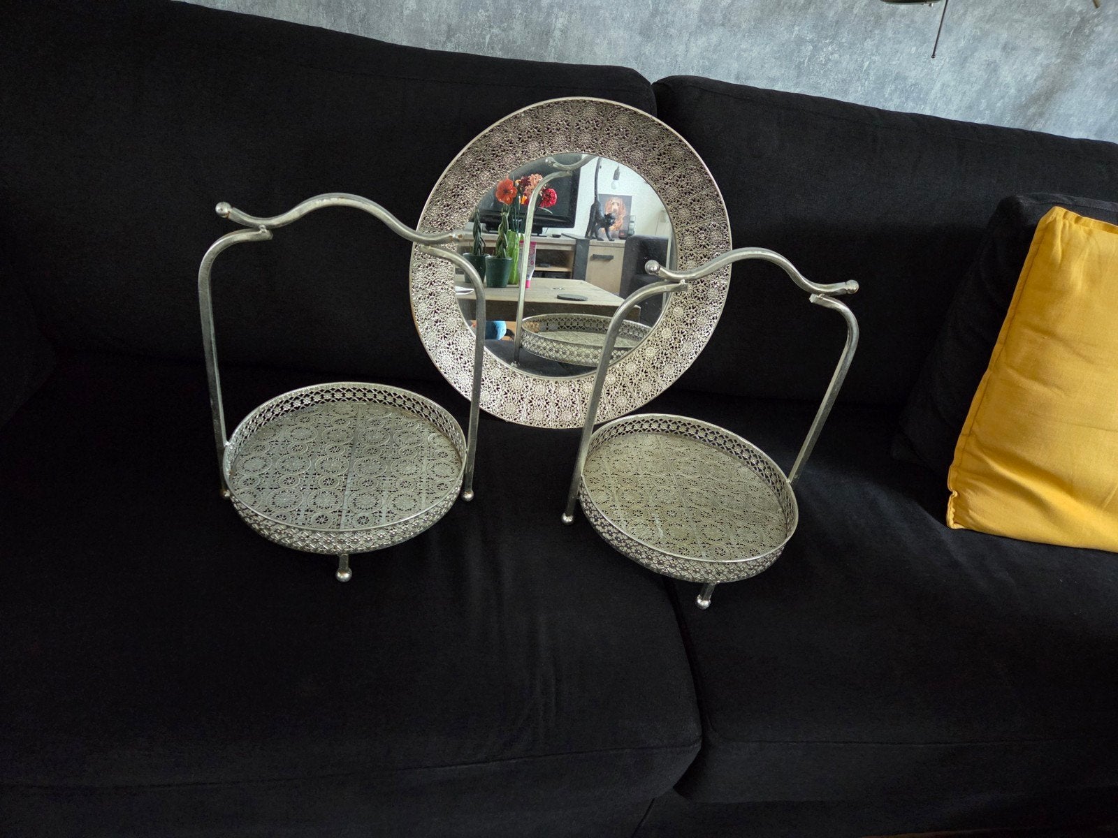Set van 2 zilverkleurige etagères en spiegelblad, Ophalen, Etagère