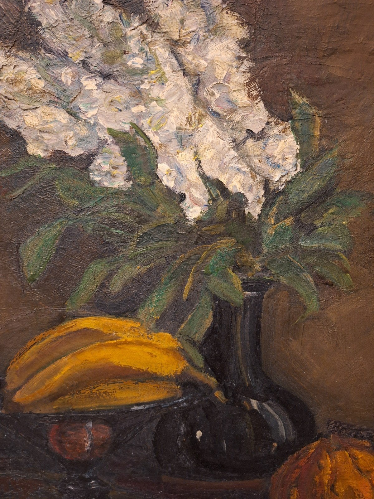 Stilleven met fles en bananen, olieverf op doek, Antiek en Kunst, Doek, Realistisch, Stilleven, Ophalen of Verzenden