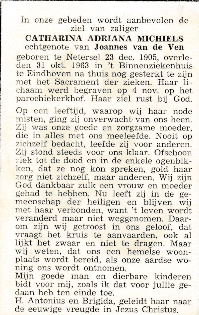 Michiels Catharina 1905 Netersel 1963 Eindhoven, Verzamelen, Bidprentjes en Rouwkaarten, Ophalen of Verzenden, Bidprentje