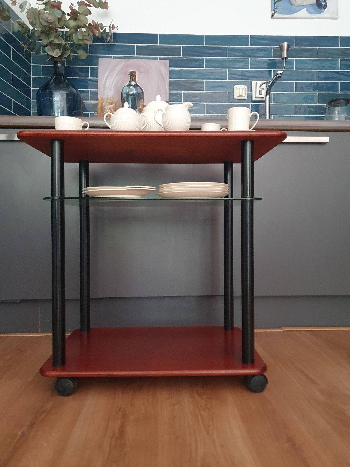 Serveerwagen,bijzettafel, sidetable uit de late 20e eeuw, Ophalen, 25 tot 50 cm, Rechthoekig, Glas