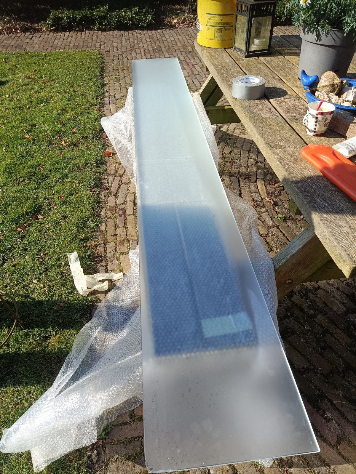 Glazen plaat/wandplank met ophangsysteem 250x32 cm, Huis en Inrichting, Ophalen