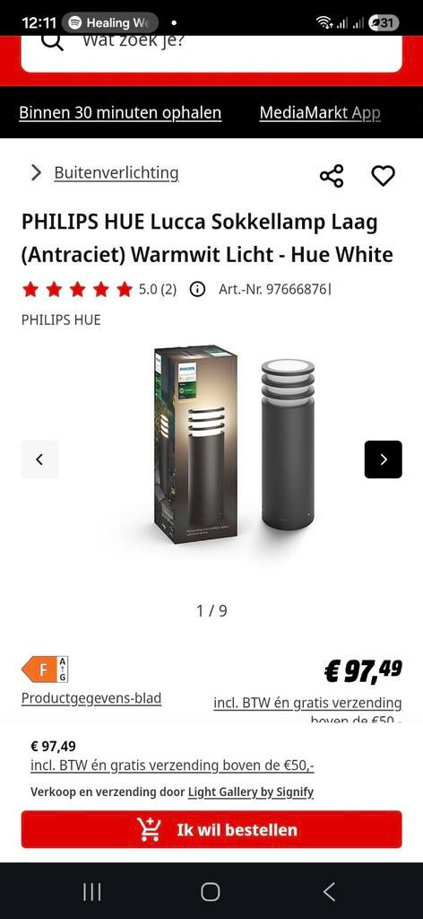 Philips Hue Lucca Sokkellamp Laag Antraciet Warmwit Licht, Ophalen, Minder dan 50 watt, Wandlamp, Aluminium