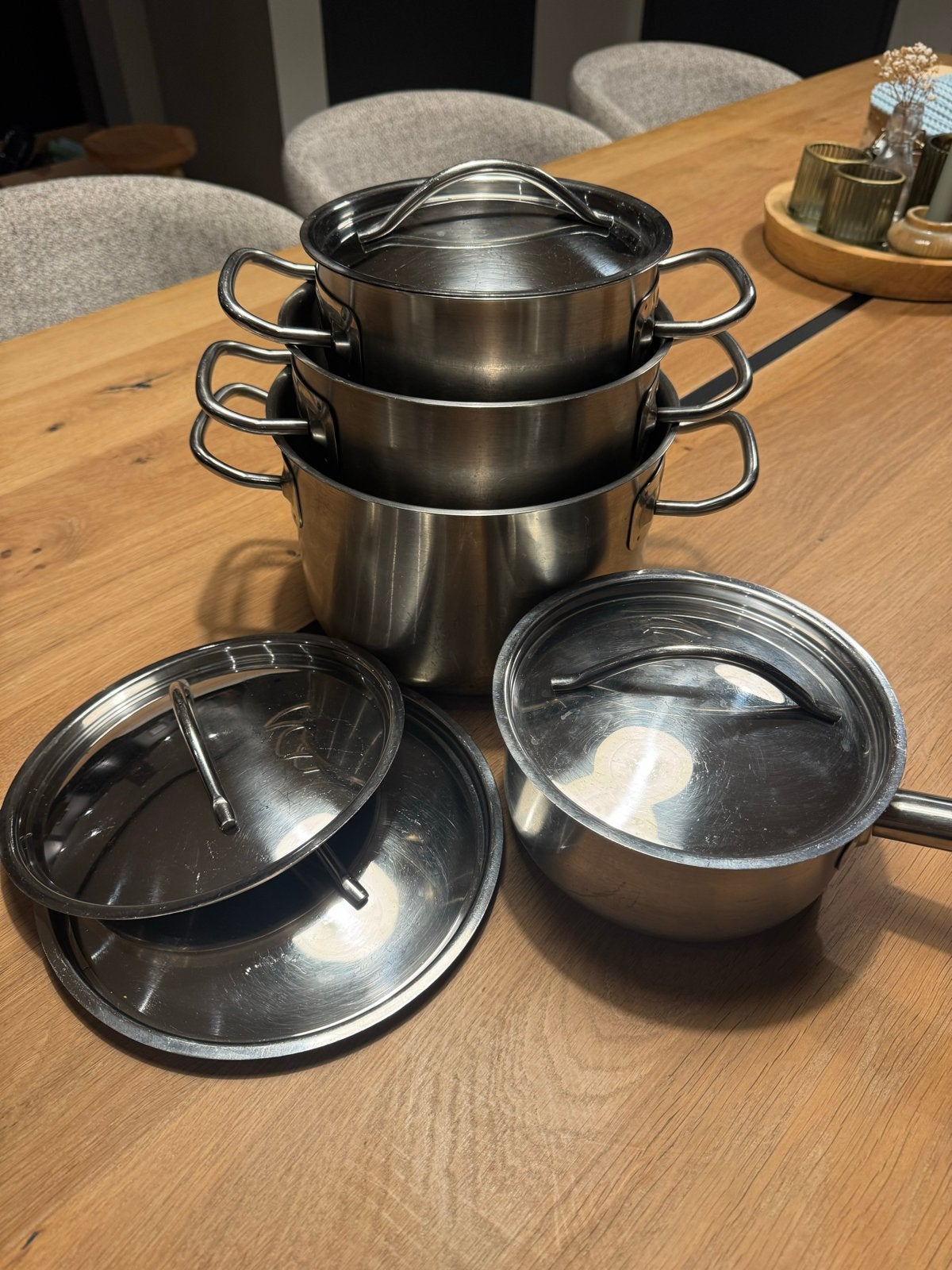 Sola Pannenset - RVS pannen met deksels - gebruikt op gas!, Gebruikt, Met deksel, Pannenset, Ophalen of Verzenden