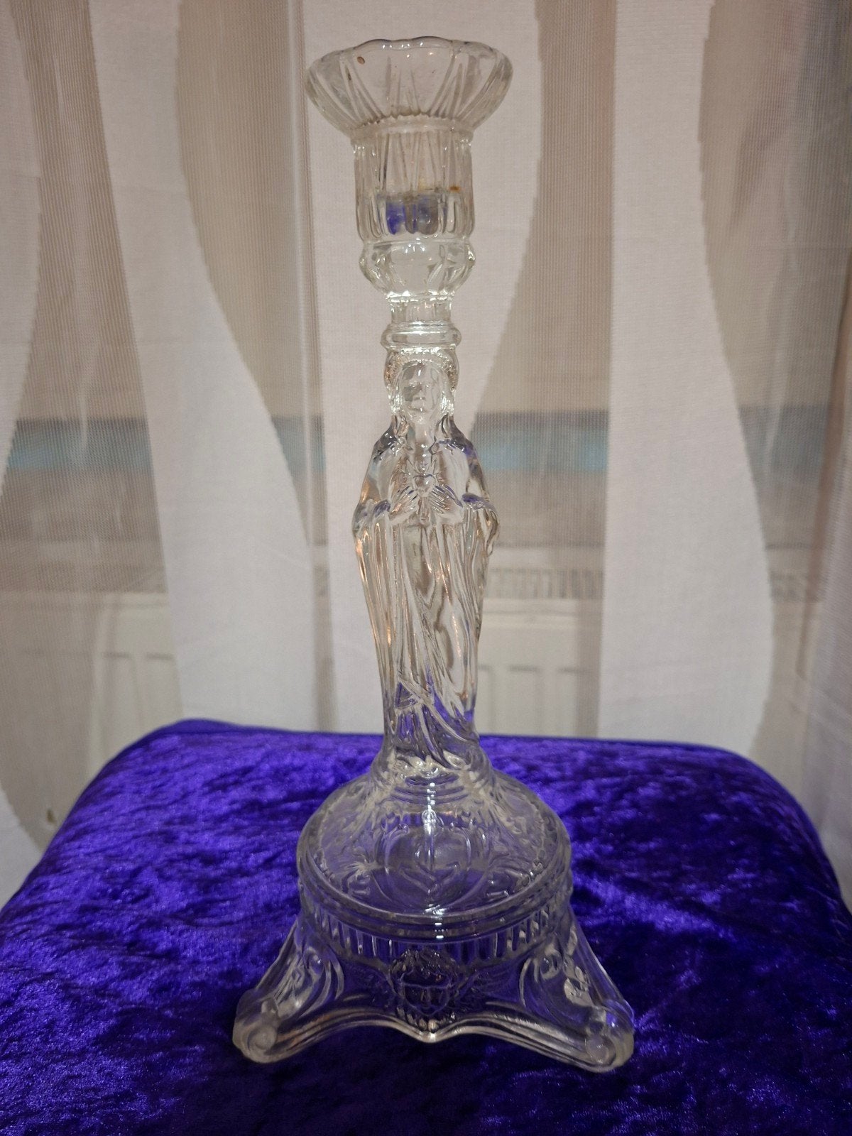 Antieke persglazen kandelaar Heilige Maria – 30 cm – Onbesch, Ophalen of Verzenden