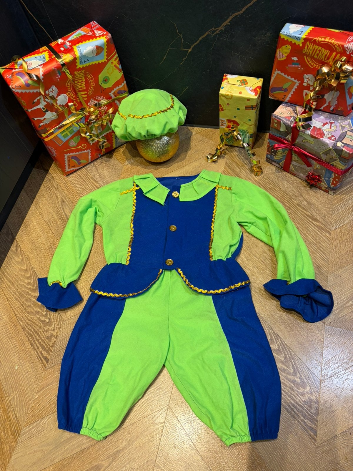 Pietenpak groen blauw maat 122 set sinterklaas, Ophalen of Verzenden