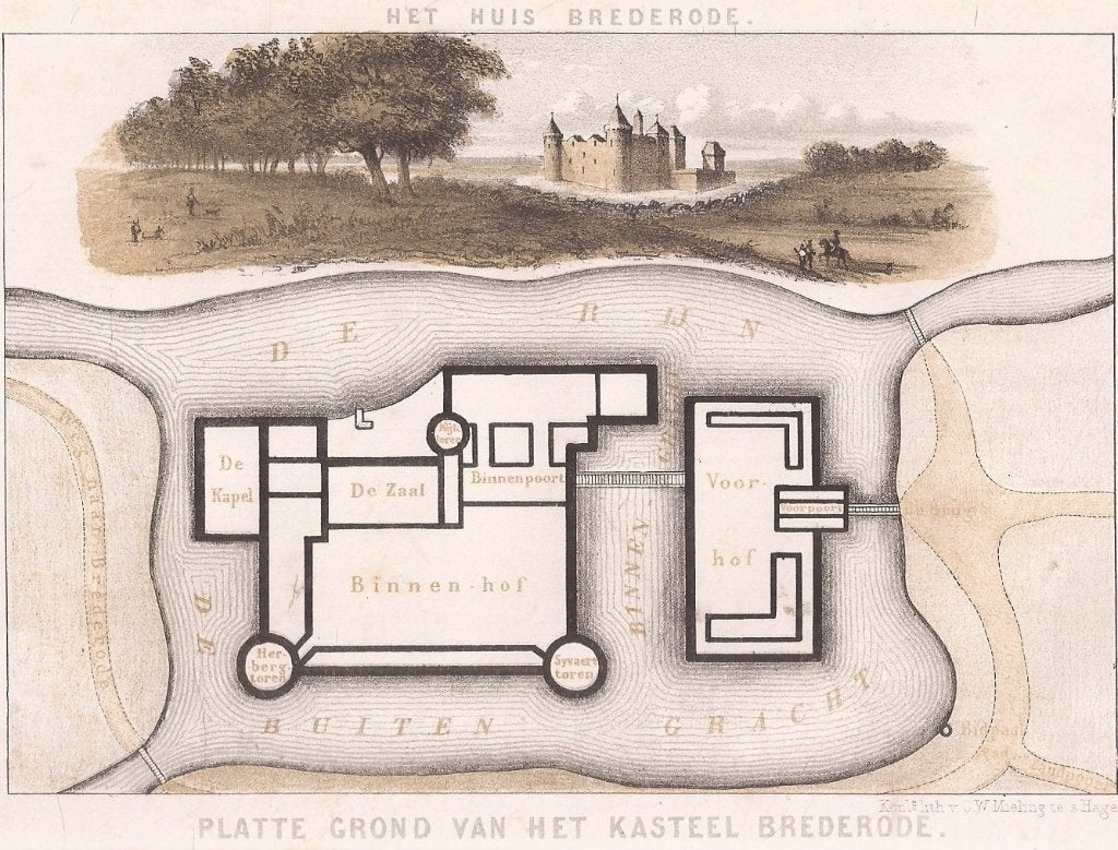 Het Huis Brederode - Platte Grond van het kasteel Brederode, Antiek en Kunst, Origineel, 1800 - 1899, Architectuur, 11 cm