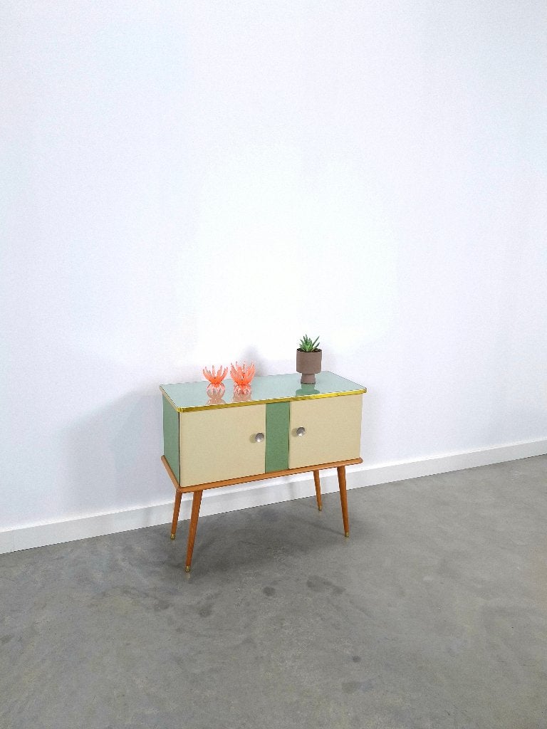 Vintage groen DDR kastje, Libelle met glazen blad, dressoir, Huis en Inrichting, Gebruikt, 50 tot 100 cm, Overige houtsoorten
