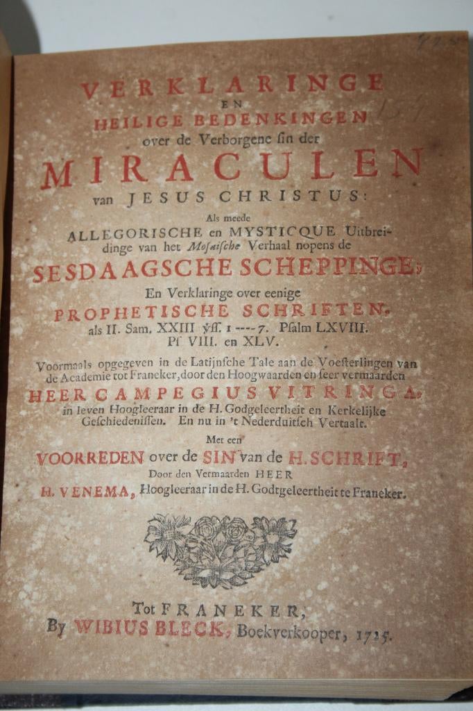 Campegius Vitringa - Over wonderen, schepping, profeten 1725, Ophalen of Verzenden