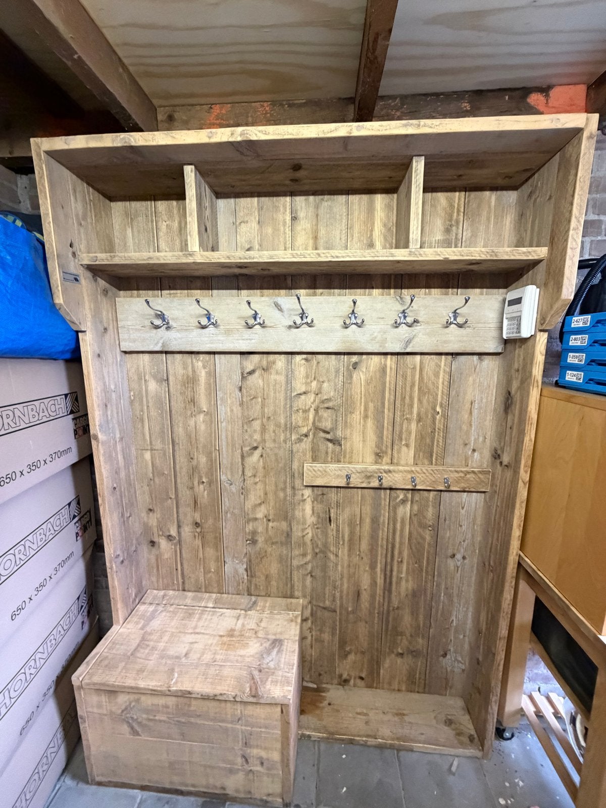 Steigerhouten kapstok met bankje en opbergruimte, Huis en Inrichting, Woonaccessoires | Kapstokken, 200 cm of meer, Zo goed als nieuw