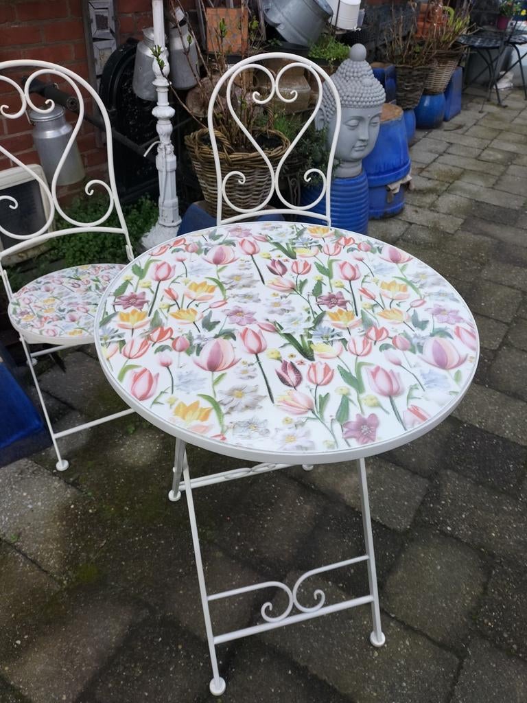 Bistro gietijzeren  smeedijzer tuinsetje met bloemen, Tuin en Terras, Ophalen, Zo goed als nieuw, Overige materialen, 2 zitplaatsen
