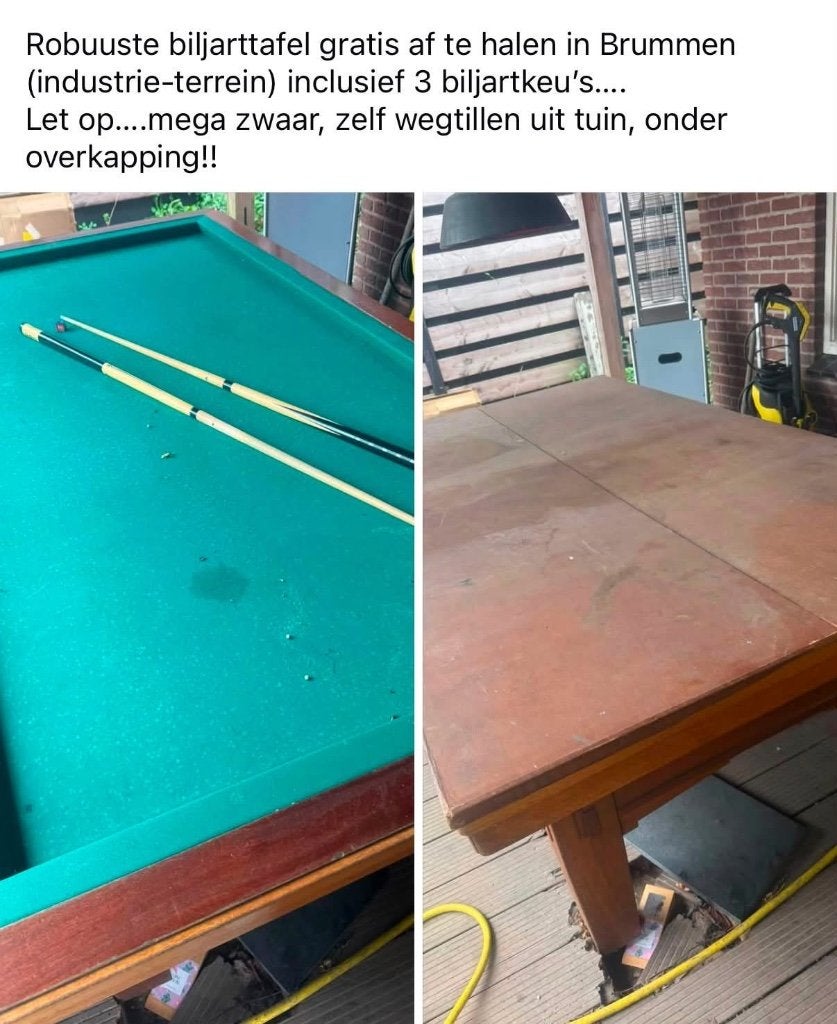 Robuuste biljarttafel gratis af te halen in Brummen, Ophalen, Gebruikt