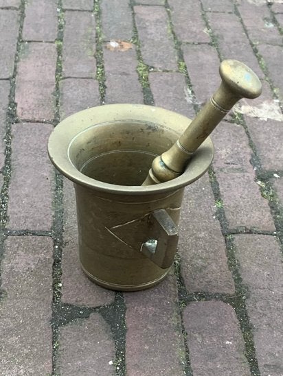 Antieke koperen vijzel met stamper, Antiek en Kunst, Antiek | Koper en Brons, Ophalen of Verzenden, Koper