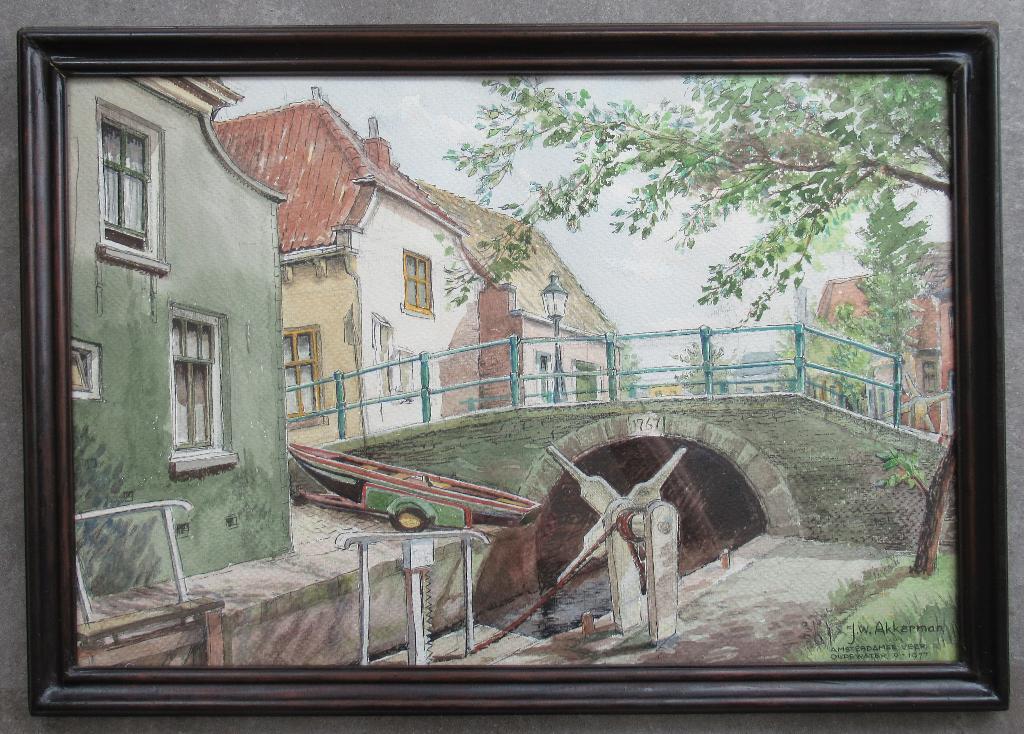J.W. Akkerman: De sluis te Oudewater, aquarel uit 1977, Antiek en Kunst, Kunst | Schilderijen | Klassiek, Ophalen of Verzenden