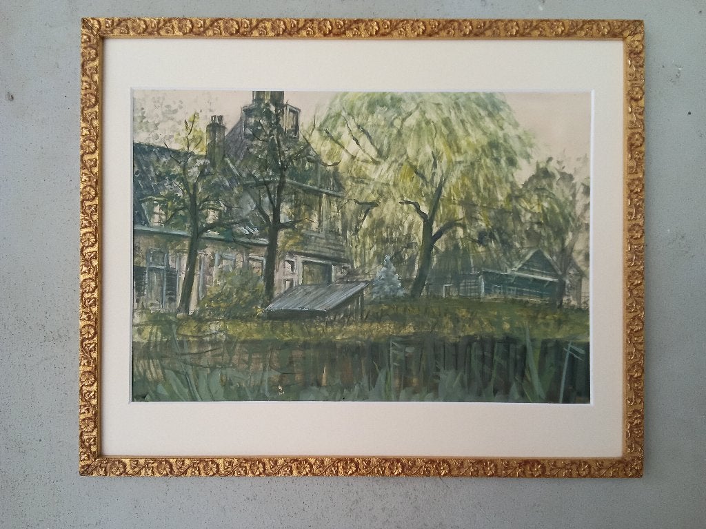 Aan het Spaarne, schilderij in lijst, Antiek en Kunst, Kunst | Schilderijen | Klassiek, Verzenden, Origineel werk, Landschap
