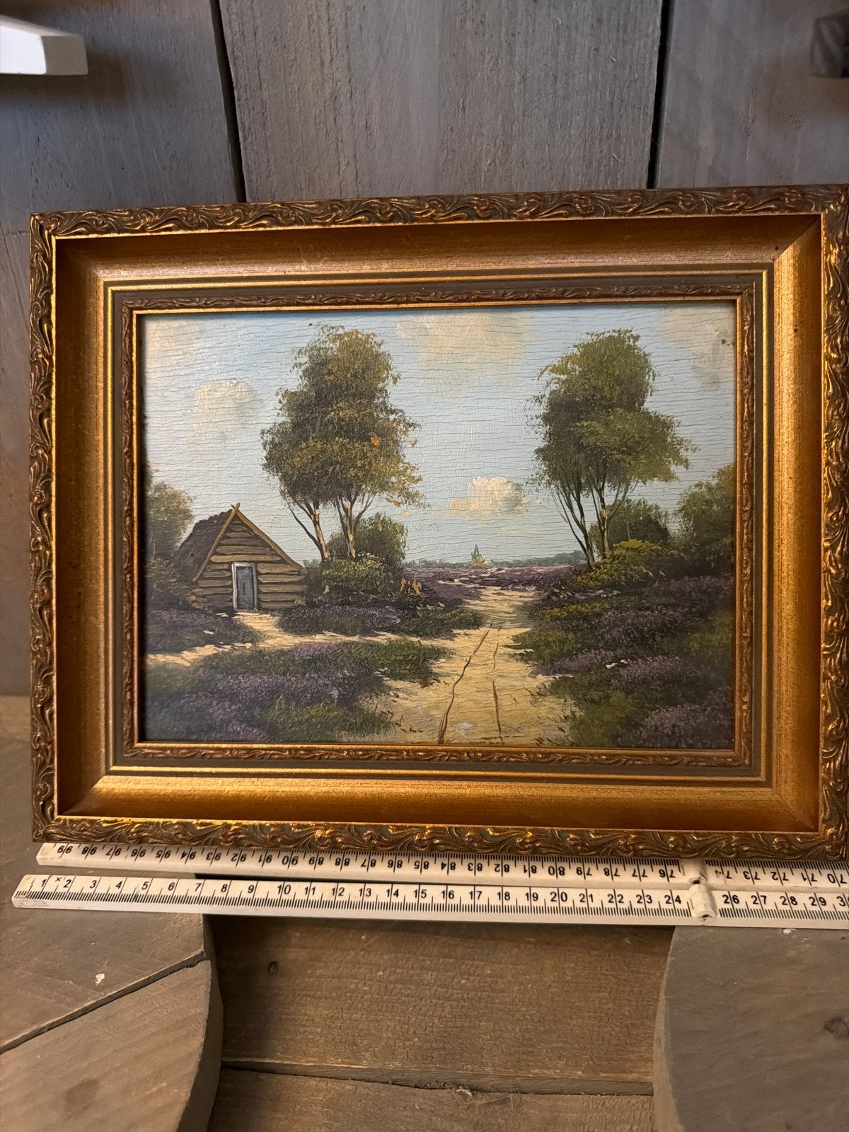 Vintage Schilderij Hoge Veluwe Doorkijk Lavendel Boshuisje, Ophalen of Verzenden, Vintage, Landschap, Paneel