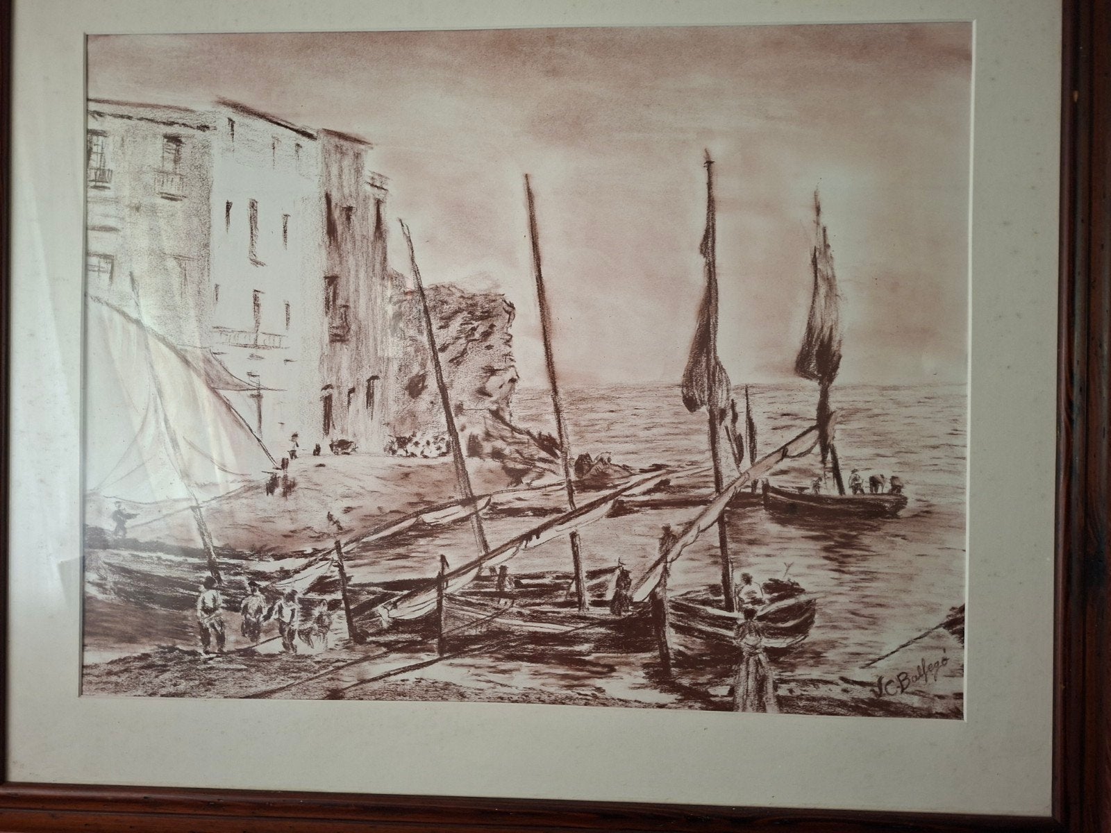 Vintage Tekening Havenzicht met Boten - Gesigneerd, Antiek en Kunst, Ophalen, Tekening, Potloodtekening, Achter glas
