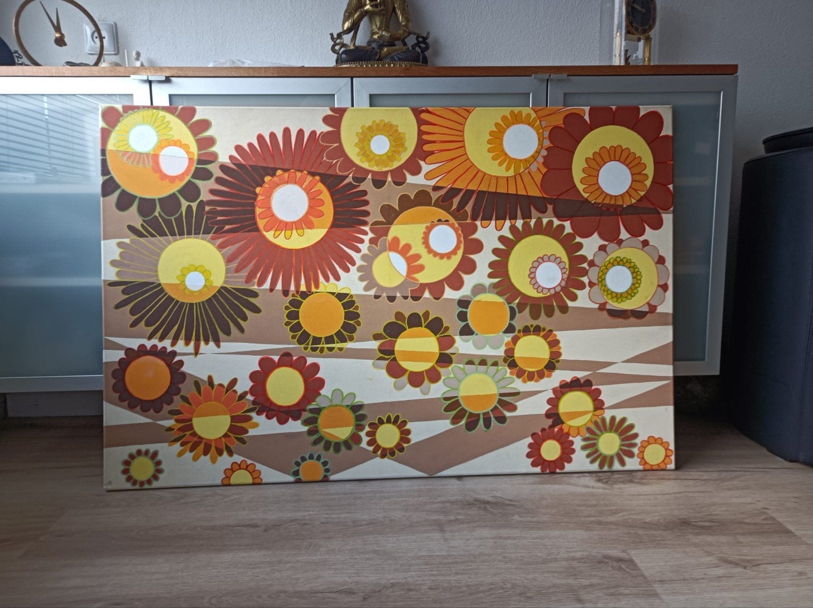 Vintage Acryl Schilderij - Bloemenpatroon 110x75 cm, Antiek en Kunst, Ophalen of Verzenden