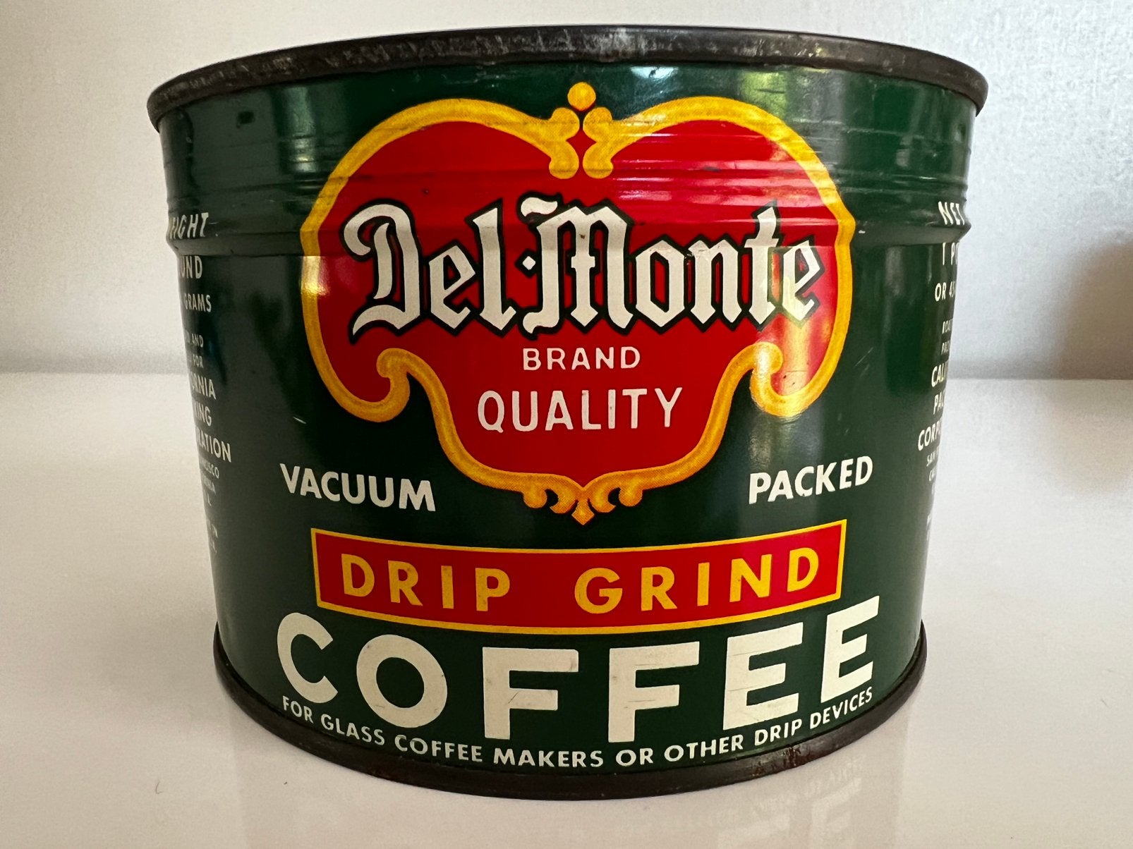 Vintage Del-Monte Drip Grind Coffee Blik 1 Pond USA WO II 40, Verzamelen, Ophalen of Verzenden, Luchtmacht, Amerika, Overige typen