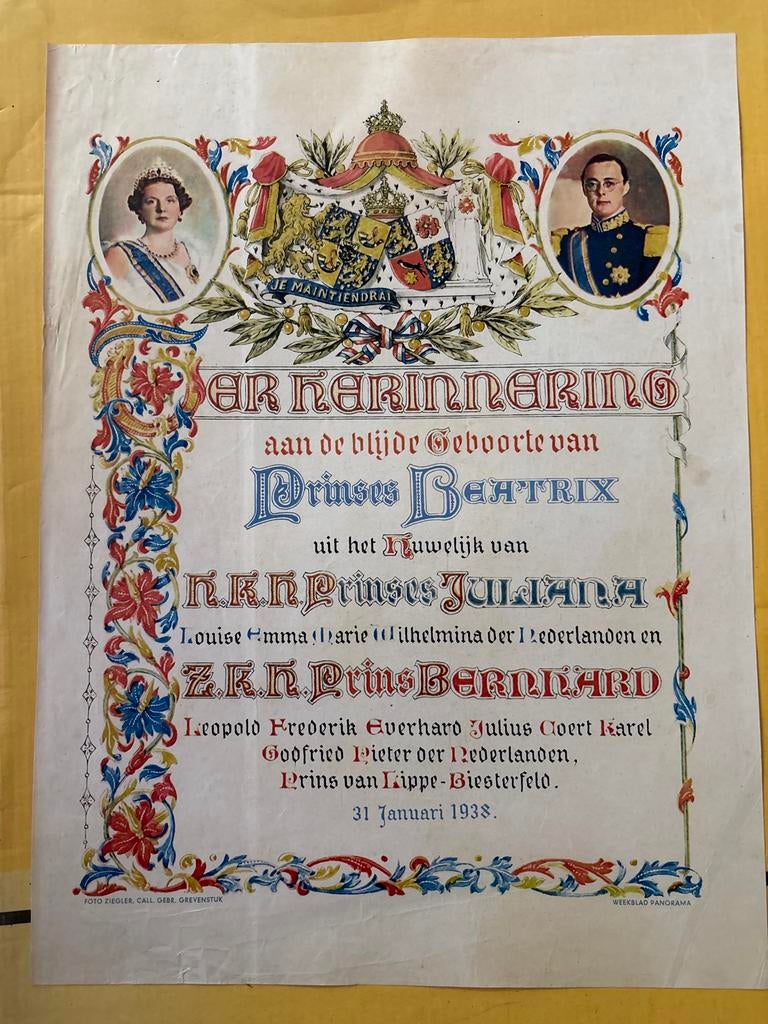 Herinnering Geboorte Prinses Beatrix 1938, Verzamelen, Koninklijk Huis en Royalty, Ophalen of Verzenden, Zo goed als nieuw, Nederland