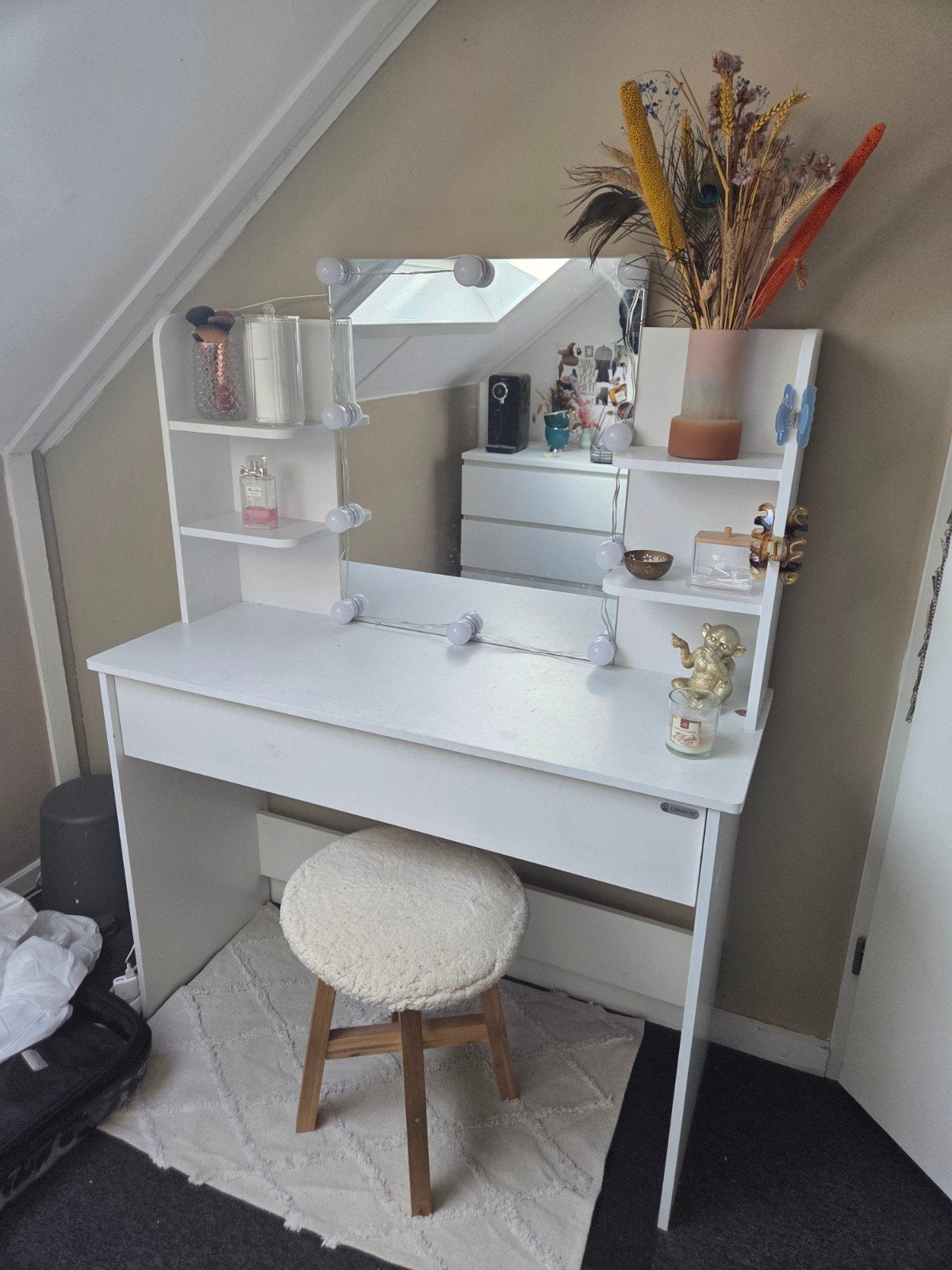 Witte kaptafel met spiegel en verlichting, Huis en Inrichting, Ophalen, Gebruikt, 100 tot 150 cm, 100 tot 150 cm