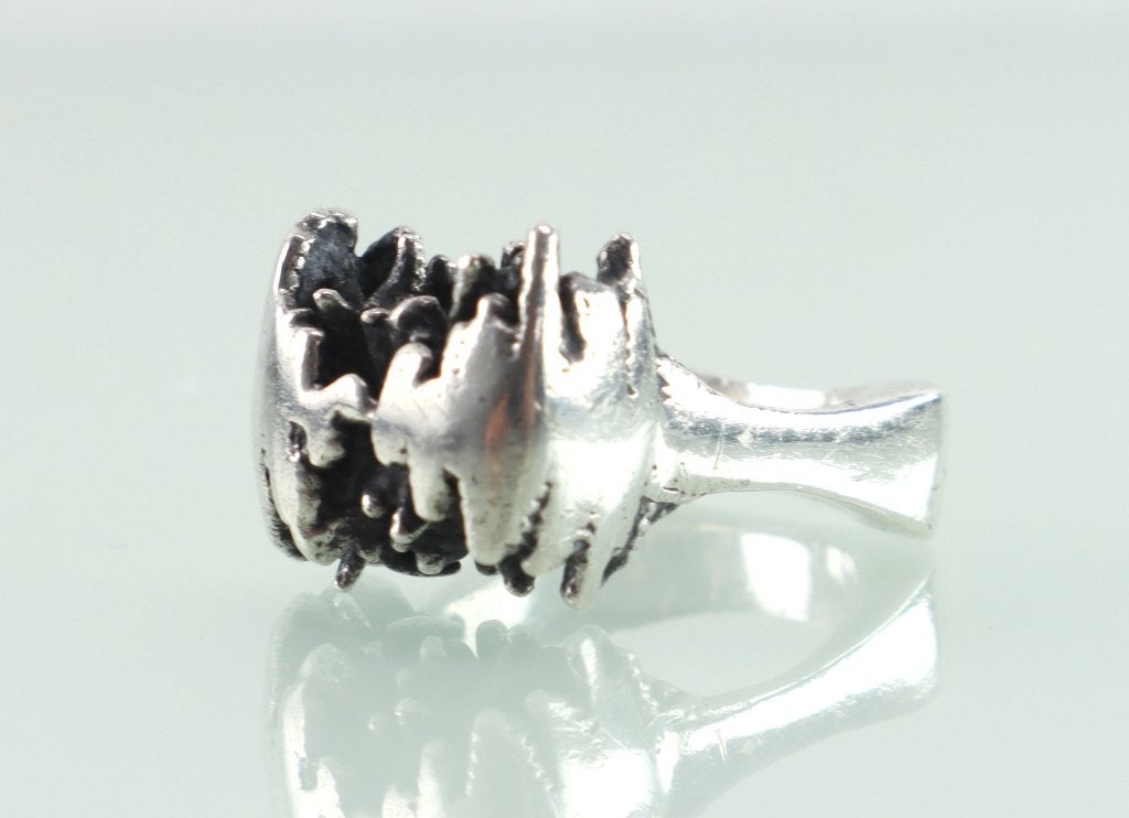 Vintage zilveren ring vermolmd hout jaren ‘70, Ophalen of Verzenden, Zilver, Ring